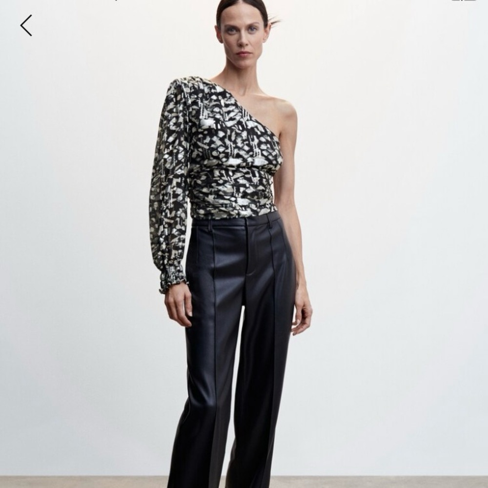 Mango Black and Silver Ruched Asymmetrical Blouse | Evening - Party/Cocktail